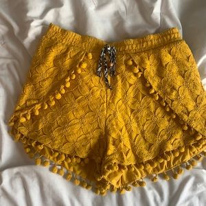 Yellow Shorts with Pom Pom Trim and Elastic Band